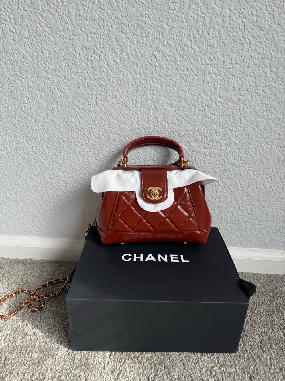 CHANEL Quilted Top Handle Mini Bag in Red Brown with Gold Hardware